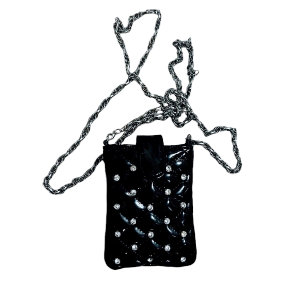 Black Quilted Chanel like Crossbody Bag Rhinestone Accents Chain Strap Versatile